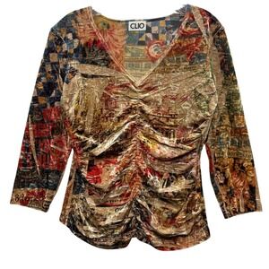 Vintage CLIO Women's‎ Velvet Ruched Top Long Sleeve V Neck Graphic Retro Y2K M